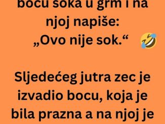 Ide zec šumom i sakrije bocu soka u grm i na njoj napiše: